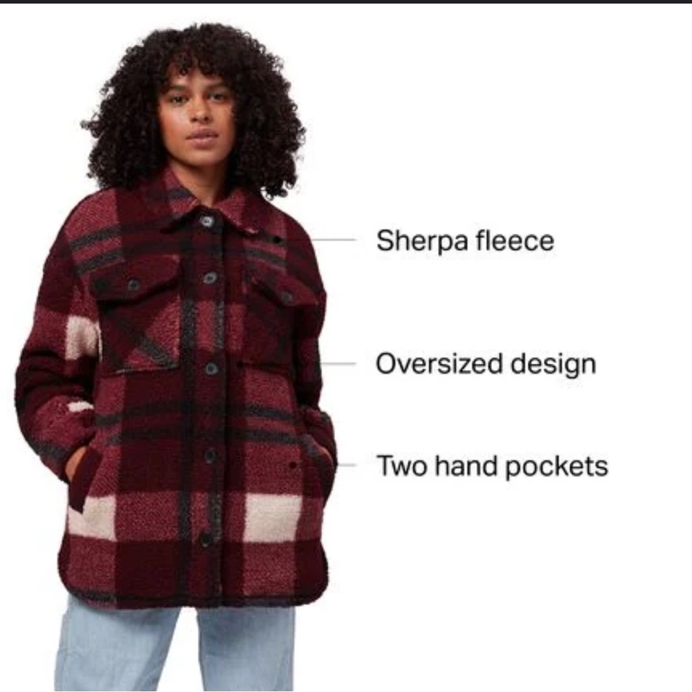 Stoic Oversized Shirt Jacket in Burgundy Plaid. Size: Large.